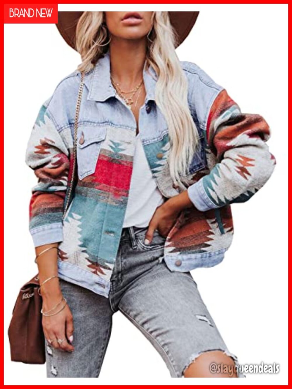 Vintage Aztec Geometric Print Loose Shacket Button Down Long Sleeve Denim Jacket